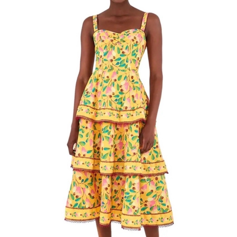 Farm Rio yellow tiered floral tropical cotton midi sun dress XS